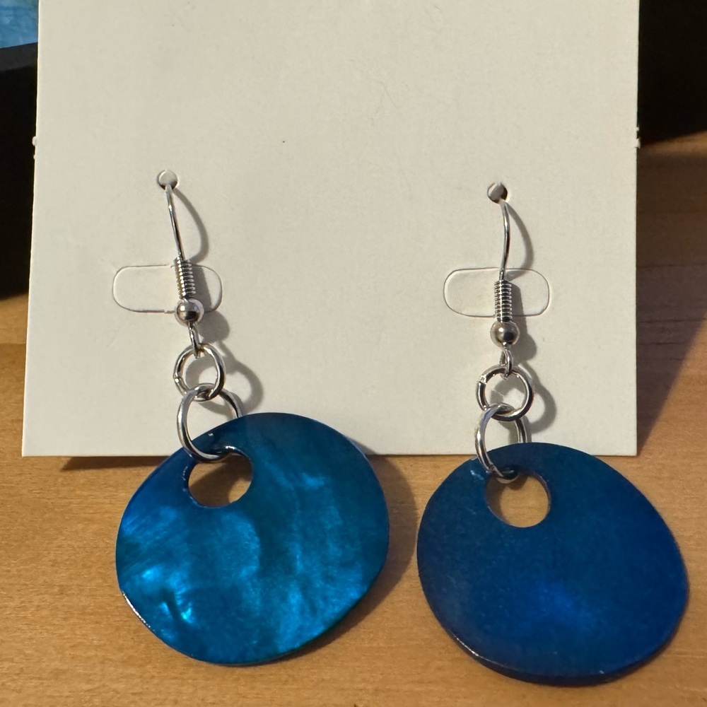 Aqua Blue Shell Metallic Hoop Earrings
